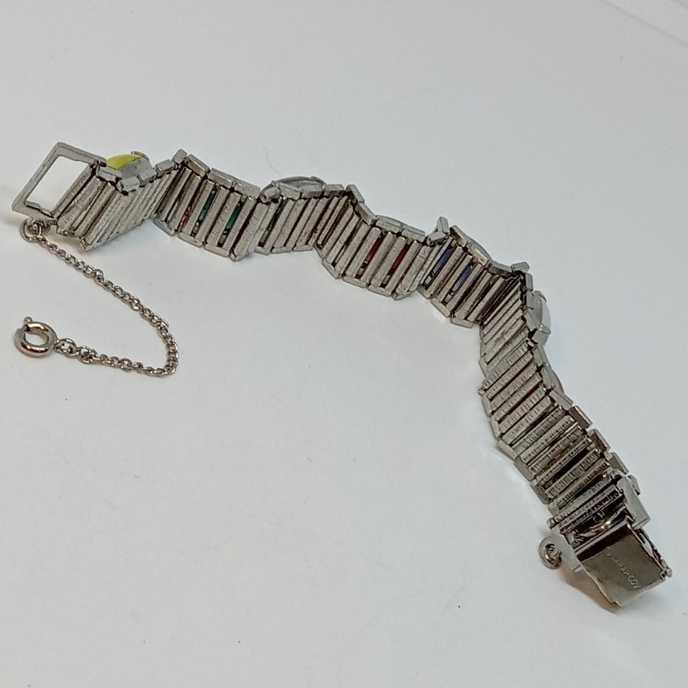 * vintage Sarah Coventry multi-color glass oval cabs bracelet w/safety chain 7" - Picture 4 of 6